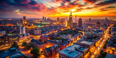 Obraz premium Dynamic Aerial Dusk Cityscape: Bokeh-Effect Illuminated Skyline & Architecture Stock Photo