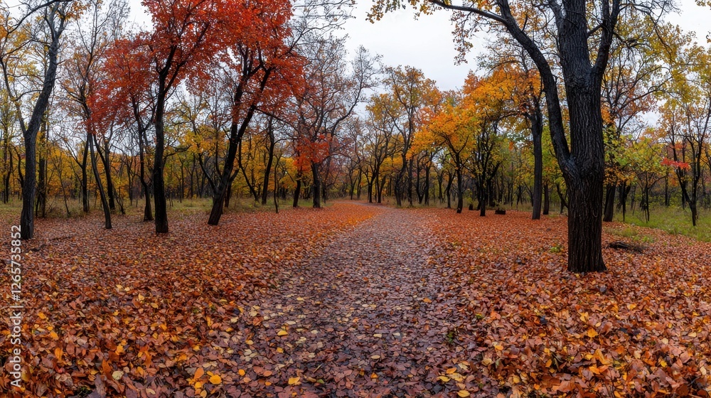 Poster a forest with trees covered in leaves and a path through it