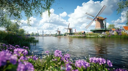 Dutch windmill landscape, idyllic canal, colorful flowers, sunny day
