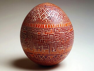 Deep red Easter egg with intricate maze-like geometric patterns, cultural folk art design, set against a neutral background.