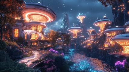Obraz premium A futuristic colony on a glowing alien moon, powered by advanced energy fields, vibrant and futuristic 