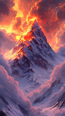 A fiery mountain eruption with molten lava and snow-capped peaks, symbolizing the powerful forces of nature and the dramatic contrast between fire and ice.
