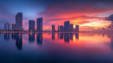 Obraz premium Expensive highrise hotels and condos over sandy beachfront on Atlantic ocean shore in Sunny Isles Beach city at sunset. American tourism infrastructure in southern Florida