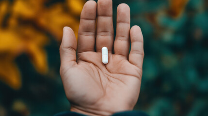 Pill in hand, Close-up of a person's hand holding a white object in high fidelity detail.