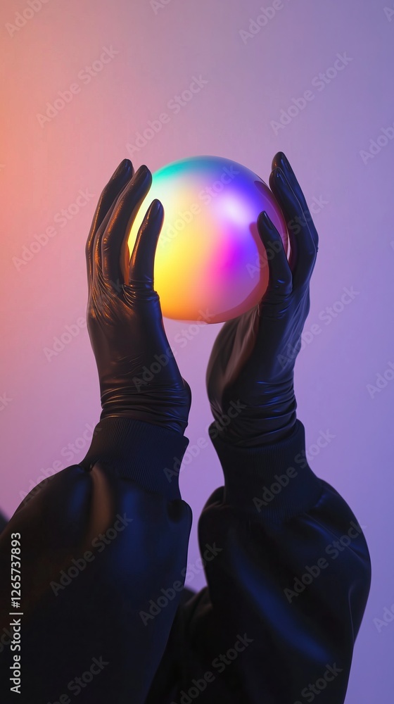 Poster hands in black gloves delicately hold glowing iridescent orb textures and colors against smooth grad