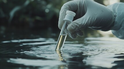 Close up of scientist with white glove holding test tube with water in his hand. Water pollution examine concept