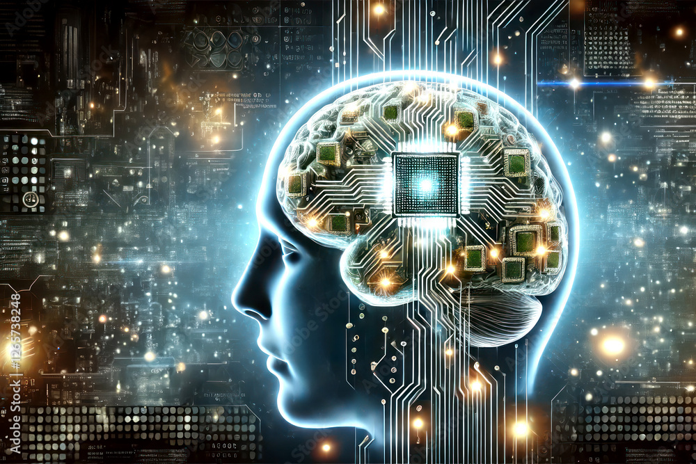 Poster human head silhouette with artificial intelligence cpu and circuit board simulating data processing