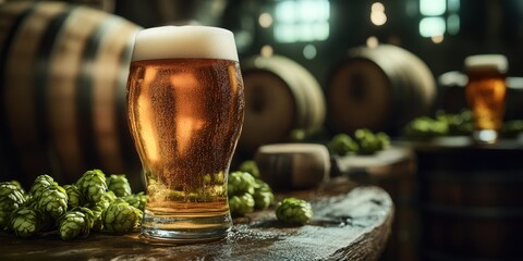 Craft low-alcohol beers showcased with brewing ingredients and fermentation process showing brewery workspace with barrels and hops