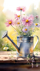 Metal Watering Can Pink Flowers Daisies Watercolor Illustration Painting Retro Vintage Old Wildflowers