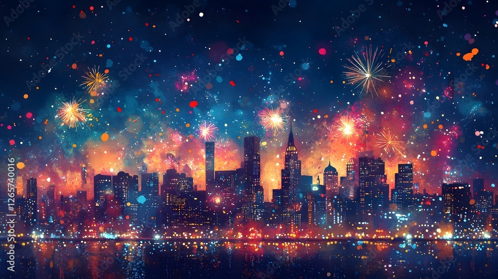 Poster Dazzling fireworks exploding over a vibrant cityscape with illuminated skyscrapers and their reflections in the river below  Celebratory atmosphere with colorful