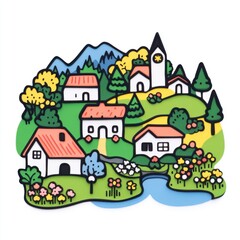 Naklejka premium Colorful Illustrated Village Landscape with Houses, Trees, Mountains, and River in a Charming Art Style