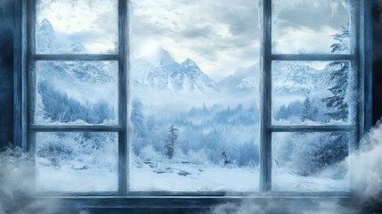 Snow covered mountains and forest viewed through a frosted window