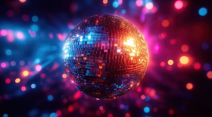 Obraz premium Shiny disco ball reflecting colorful lights at night dance party with vibrant bokeh background