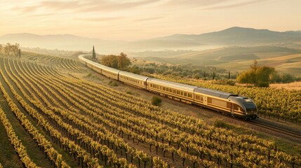 A train passing through picturesque vineyards, where rows of grapevines stretch toward the rolling hills. -