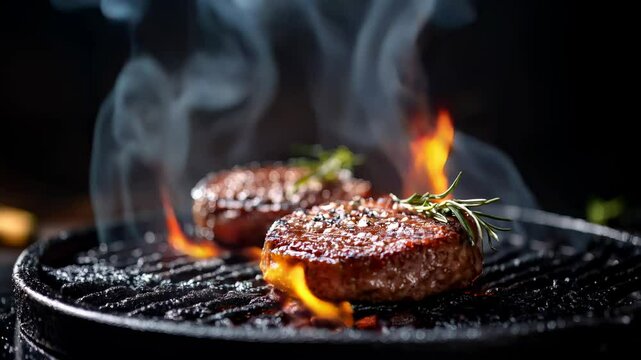 Two hamburgers with a sprig of rosemary are cooked on a blackened iron grill, the fire burns and the smoke rises during cooking, on a black background, rotating camera movement in slow motion