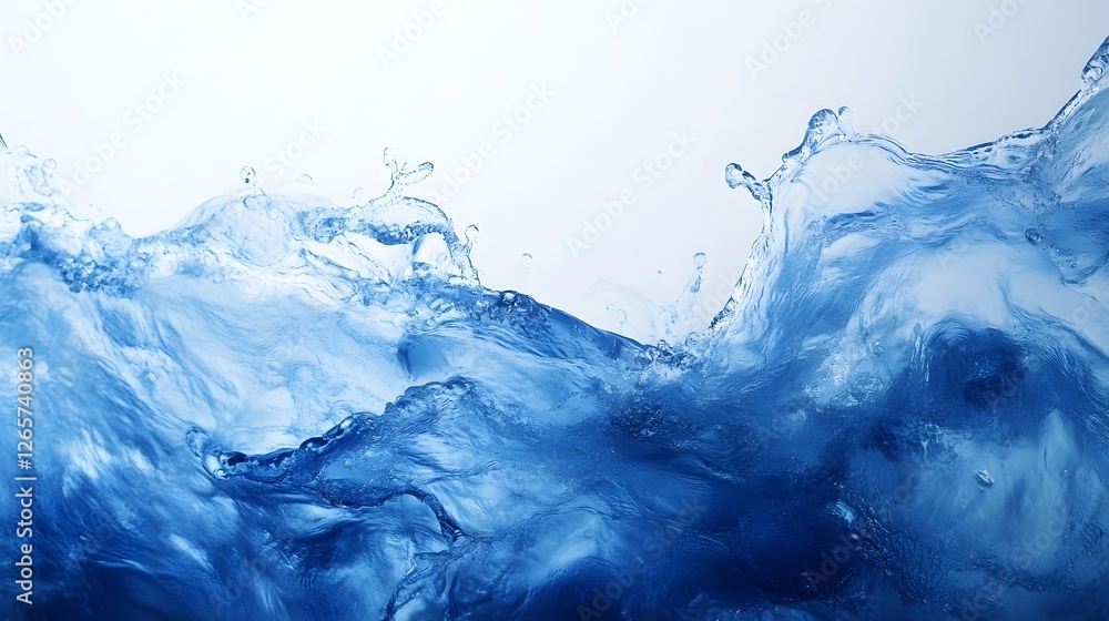 Poster Dramatic and dynamic blue water splash with energetic motion and fluid textures creating an abstract and creative background or design element
