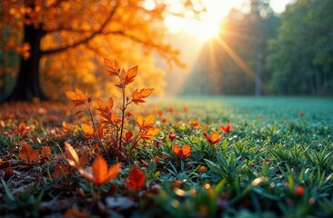 A stunning Autumn Sunrise in a serene Forest Landscape, highlighting natures beauty