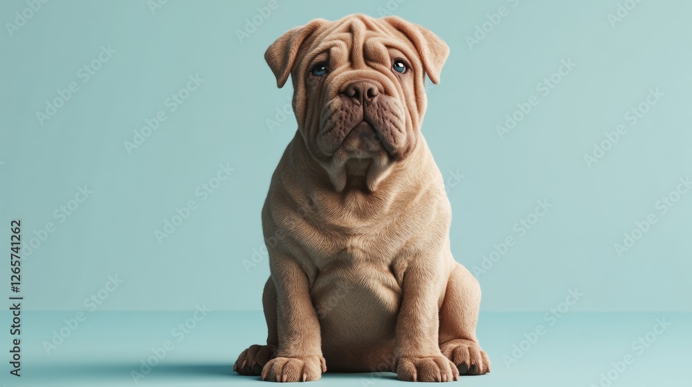 Poster calm 3d rendered shar pei dog with deep wrinkles on soft background