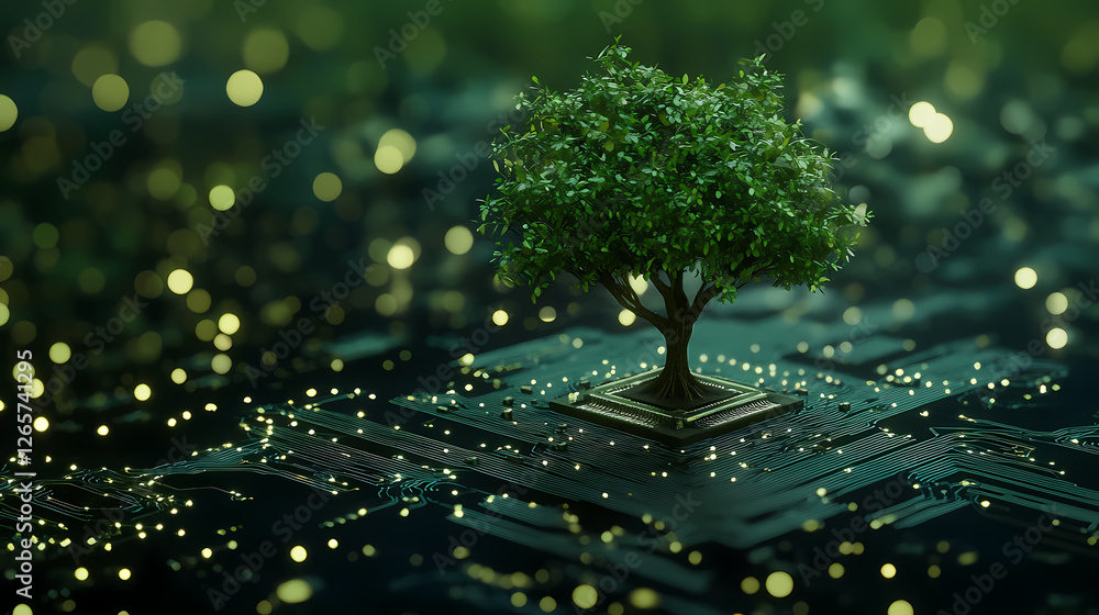 Poster tech meets nature: a circuit board tree with green bokeh background