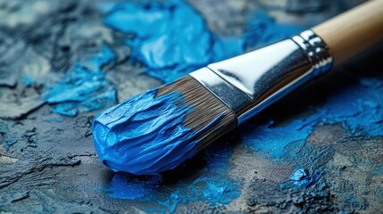 Obraz premium Blue paintbrush on artist's palette, textured surface, creative process
