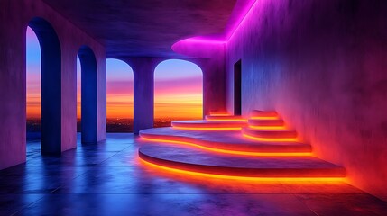 Multiple round podiums glowing in a gradient of sunset colors--orange, pink, and purple
