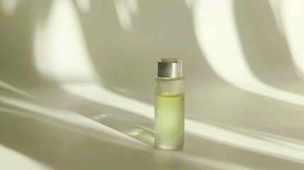 A small, frosted glass roller bottle filled with essential oil blend. The metal rollerball slightly glistens with oil.