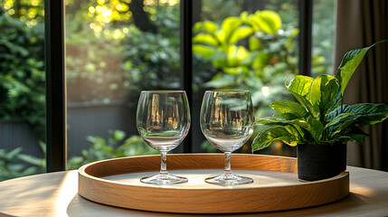 Two wine glasses on tray, sunlit garden view, relaxing home scene, ideal for hospitality marketing