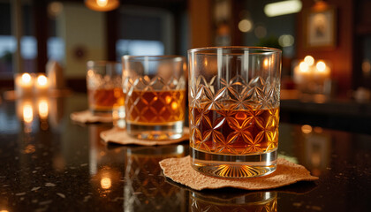 Elegant crystal whisky glasses reflecting soft bar ambiance, beverage sophistication