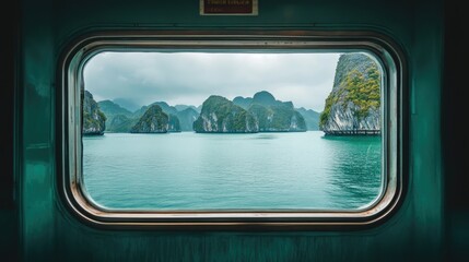Fototapeta premium A train ride through Vietnam Ha Long Bay, showcasing limestone islands rising from emerald waters through the window.
