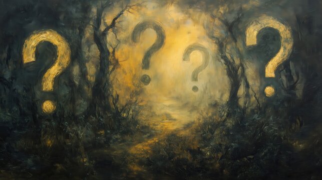 Question marks floating over mysterious forest path at night