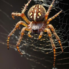 A detailed close-up of a spider weaving intricate web threads