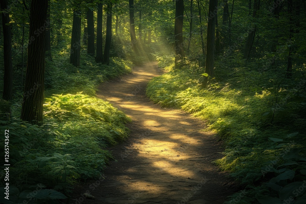 Poster serene forest path illuminated by soft sunlight amidst lush greenery in a tranquil botanical setting