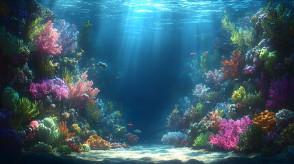 Fototapeta premium Vibrant coral reef underwater scene, ocean background, ideal for marine life documentaries