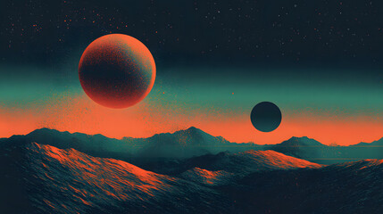 Obraz premium A celestial landscape with planets and stars creates a breathtaking cosmic panorama.
