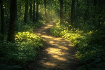 Obraz premium Serene Forest Path Illuminated by Soft Sunlight Amidst Lush Greenery in a Tranquil Botanical Setting