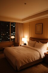 Fototapeta premium Cozy hotel bedroom with city view at night for vacation or business stay