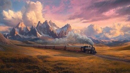 A train winding through the Dolomites, offering a magnificent view of jagged mountain peaks under a pink-hued sky.