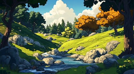Serene Stream Flows Through Sunny Green Valley Landscape