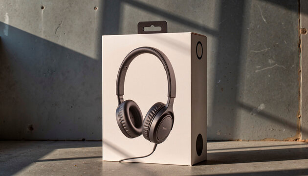 Stylish headphone box mockup in industrial setting, product showcase