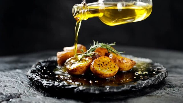 Appetizing oven-baked potatoes seasoned with rosemary, receiving a rich drizzle of olive oil from a glass bottle on a rustic black stone surface