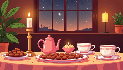Fototapeta premium Elegant tea set and sweets on table at night, celebrating togetherness