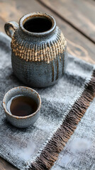 Rustic ceramic teapot and cup on linen cloth, wooden background; perfect for tea ceremony blogs, websites, or product catalogs