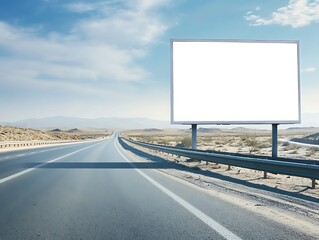 A blank white billboard poster standing on a deserted highway with no traffic.