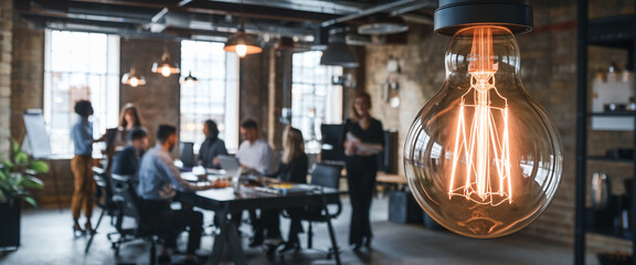 A glowing lightbulb in focus with business professionals discussing and collaborating in a modern industrial-style office, representing teamwork, innovation, and brainstorming.