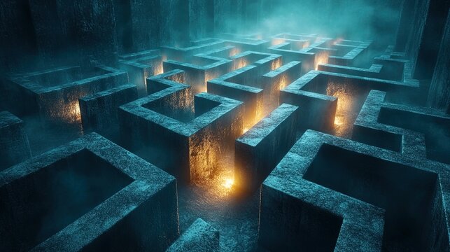 A sprawling futuristic maze of floating cubes, illuminated paths of success cutting through the void, sleek and abstract 
