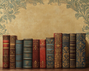 Close-up shot of a row of vintage leather-bound books on a wooden shelf, set against an antique wallpaper, showcasing classic literary collection and old-world charm.