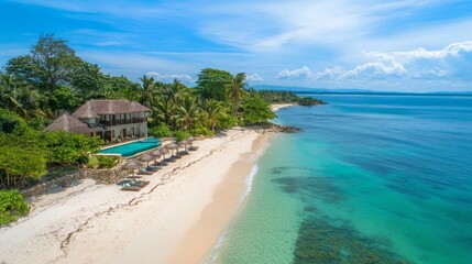 Fototapeta premium Beautiful beachfront and blue sky beach. Luxury tropical landscape from private villa with deck chairs table loungers and sea water. Summer travel vacation landscape. Carefree tourism home office view