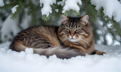 Tabby Cat Resting Under Snowy Evergreen Tree