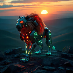 A robotic lion with electronic circuits and a mane against the sunset, in an arid mountain landscape