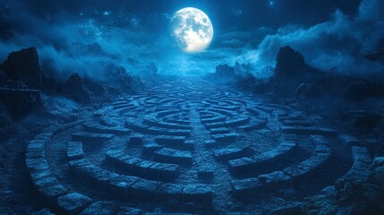 Naklejka premium A maze of ancient stone paths beneath a glowing moon, with runes guiding to success, mystical and serene 